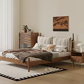 Wooden Double Bed With Striped Pillows Throw Pillows Nightstand Dresser And Decorative Painting