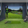 Indoor Golf Simulator Practice With Green Turf Golf Clubs Course Screen And Scoreboard