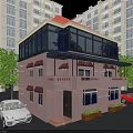 Detached Villa With Pink Brick Walls Large Glass Windows And Balcony Awnings