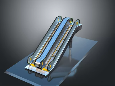 Modern Escalator Mechanical Structure With Transparent Side Panels Blue Handrails And Metal Steps 3d model