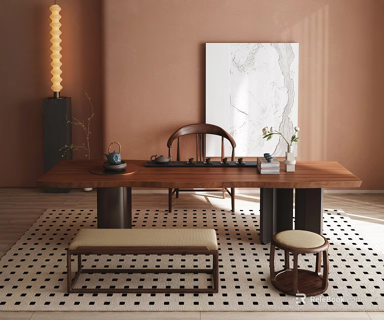 Warm Brown Tea Table and Chairs with Geometric Rug Abstract Painting Stool Tea Set 3d model 