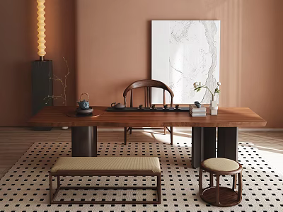 Warm Brown Tea Table and Chairs with Geometric Rug Abstract Painting Stool Tea Set 3d model