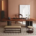 Warm Brown Tea Table and Chairs with Geometric Rug Abstract Painting Stool Tea Set