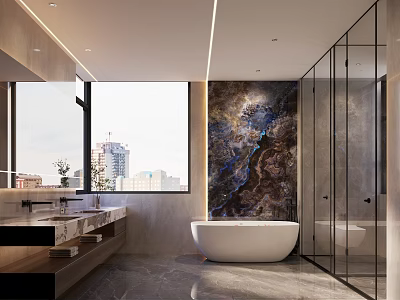 Modern Bathroom Interior With Large Window City View Marble Accent Wall And Freestanding Bathtub 3d model