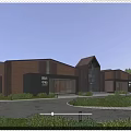 Modern Industrial Factory Building With Red Brick Exterior Large Glass Windows Greenery And Pedestrians