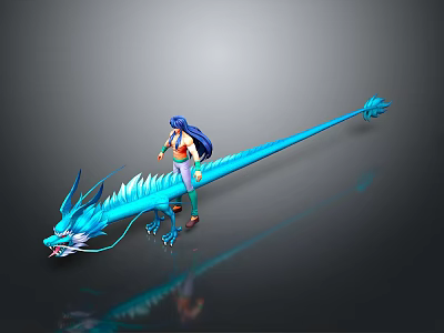 Detailed Blue Dragon With Riding Character And Long Body In Gray Background 3d model