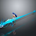 Detailed Blue Dragon With Riding Character And Long Body In Gray Background