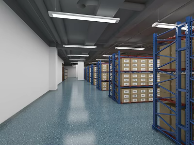 Warehouse Interior With Blue Racking Cartons White Walls And Ceiling Lights 3d model