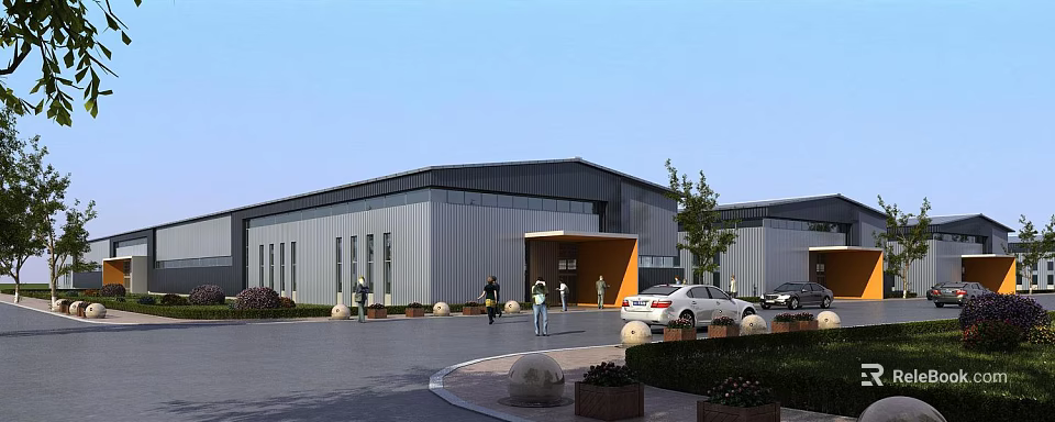 Modern Industrial Factory Building Exterior With Entrance Parking Lot And Greenery 3d model 
