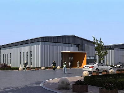Modern Industrial Factory Building Exterior With Entrance Parking Lot And Greenery 3d model
