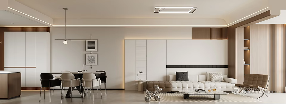 Modern Living And Dining Room Interior With Sofa Dining Table Lighting And Wall Art 3d model 