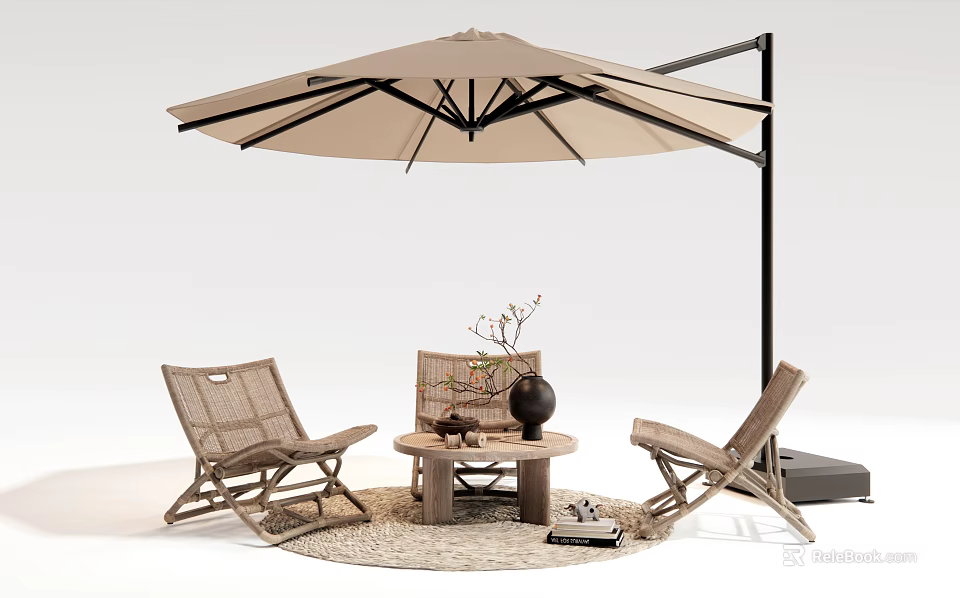 Patio Wicker Outdoor Chairs With Large Sunshade Umbrella Wooden Side Table Decorative Vase And Woven Rug 3d model 