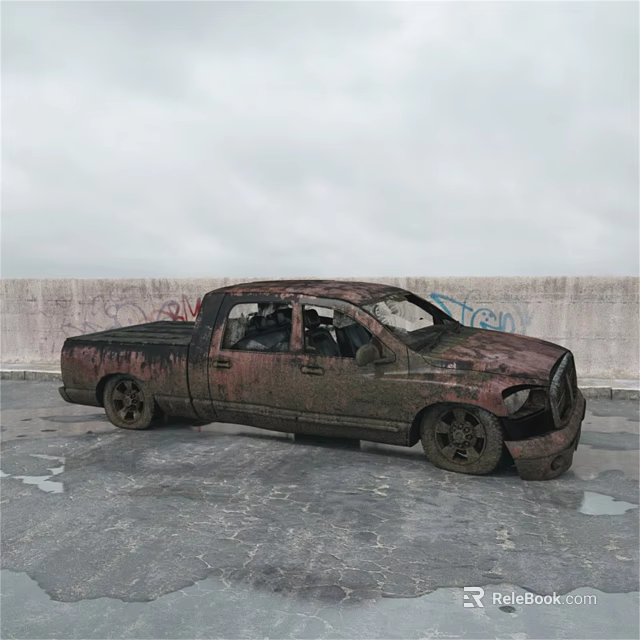 Abandoned Rusty Pickup Truck With Broken Windows Graffiti Wall And Concrete Ground 3d model 