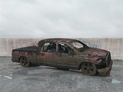 Abandoned Rusty Pickup Truck With Broken Windows Graffiti Wall And Concrete Ground 3d model