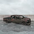 Abandoned Rusty Pickup Truck With Broken Windows Graffiti Wall And Concrete Ground