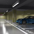 Modern Well Lit Parking Lot With Blue Car Zone Signs And Markings