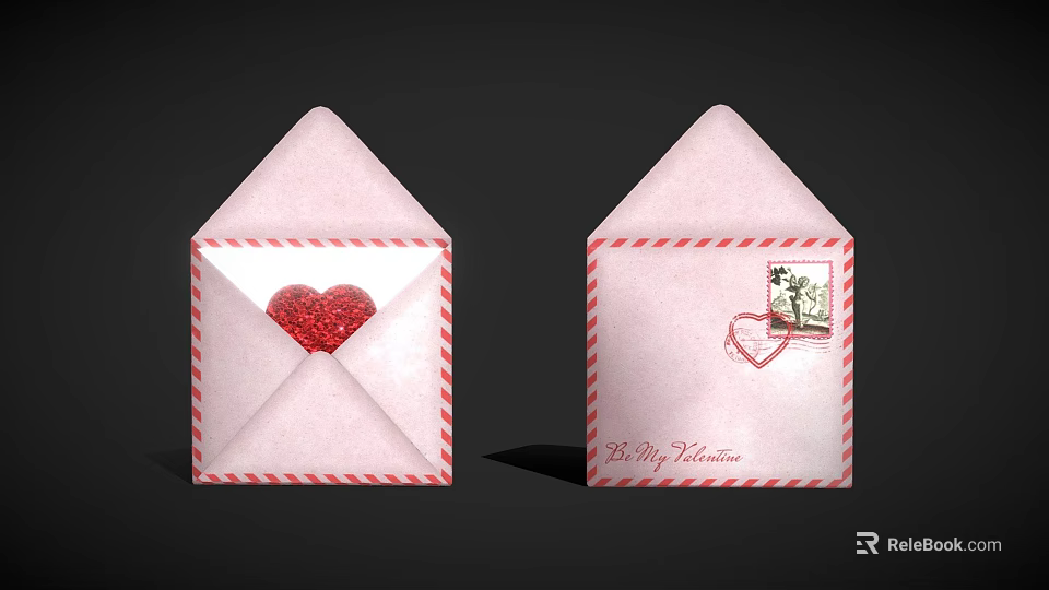 Decorative Ornament Set With Pink Envelopes Red White Stripes Heart Stamp And Love Letter Text 3d model 