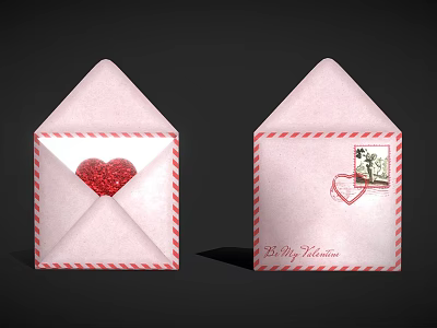 Decorative Ornament Set With Pink Envelopes Red White Stripes Heart Stamp And Love Letter Text 3d model