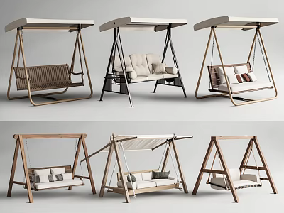 Modern Stylish Swing Leisure Chairs with Various Designs Wooden Frames Canopies and Soft Cushions 3d model