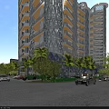 Modern Office Building With Perforated Facade Design And Lush Greenery Surrounding Parking Area