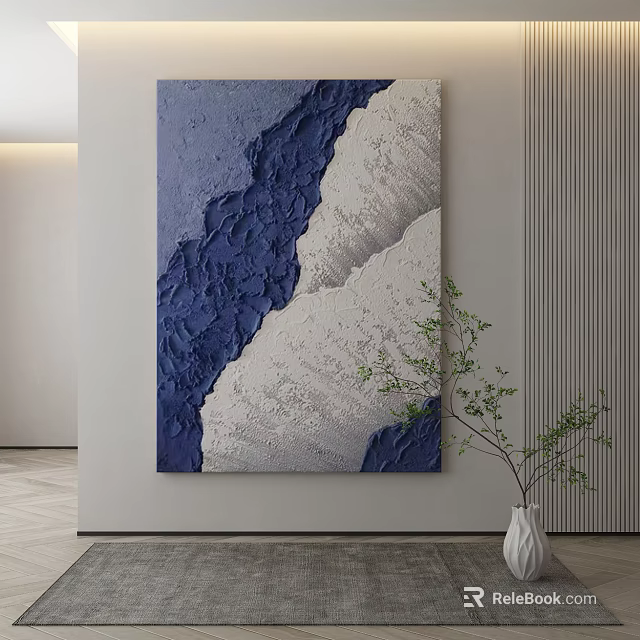 Abstract Blue And White Textured Painting In Modern Interior With Green Plant 3d model 