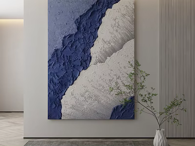 Abstract Blue And White Textured Painting In Modern Interior With Green Plant 3d model