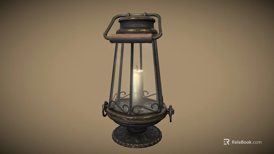Vintage Metal Frame Candle Lantern With Handle And Decorative Base Design 3d model 