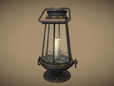 Vintage Metal Frame Candle Lantern With Handle And Decorative Base Design 3d model