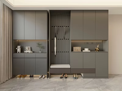 Modern Gray Shoe Cabinet with Bench Clothing Hooks Photo Frame Plant and Shoes 3d model