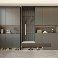 Modern Gray Shoe Cabinet with Bench Clothing Hooks Photo Frame Plant and Shoes