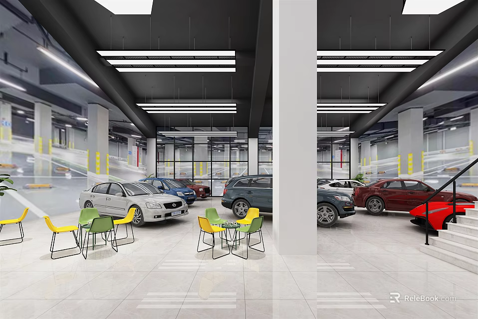 Modern Parking Garage Interior With Multiple Cars Colorful Chairs And White Pillars 3d model 