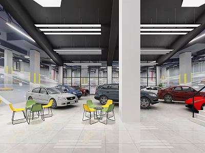 Modern Parking Garage Interior With Multiple Cars Colorful Chairs And White Pillars 3d model
