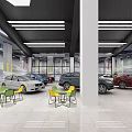 Modern Parking Garage Interior With Multiple Cars Colorful Chairs And White Pillars