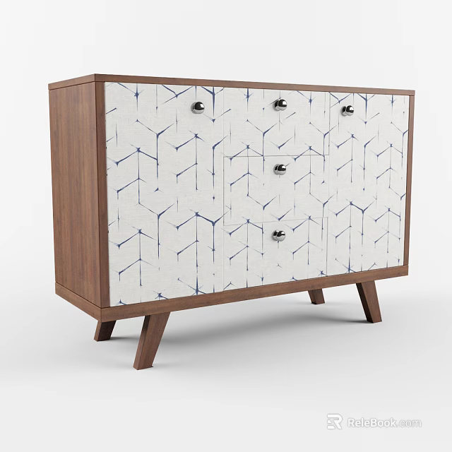 Modern Entryway Console Cabinet With Wooden Frame White Geometric Panel Drawers And Metal Handles 3d model 