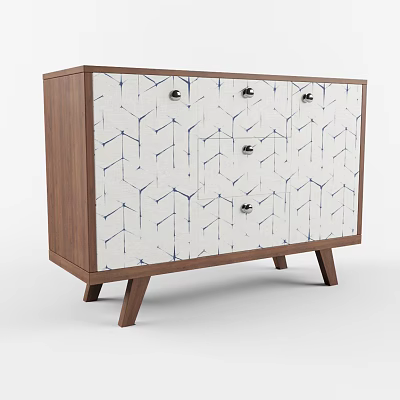 Modern Entryway Console Cabinet With Wooden Frame White Geometric Panel Drawers And Metal Handles 3d model