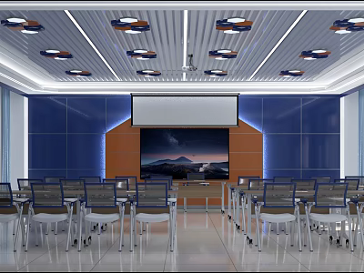 School Modern Classroom With Blue Walls Projection Screen Podium Desks Chairs And Ceiling Lights 3d model