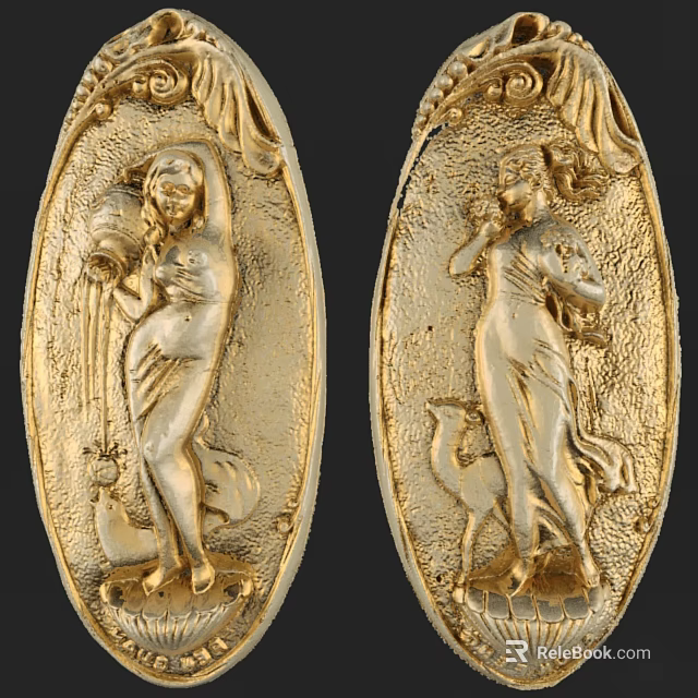Golden Oval Ceramic Vessels With Embossed Female Figures And Intricate Relief Designs 3d model 