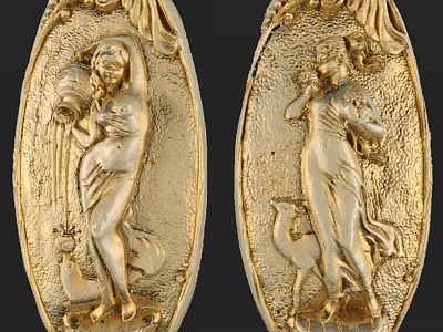 Golden Oval Ceramic Vessels With Embossed Female Figures And Intricate Relief Designs 3d model