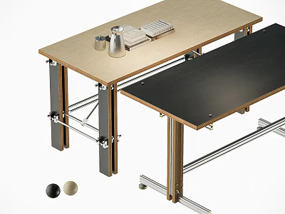 Modern Desks With Wooden And Black Tops Metal Legs And Office Supplies 3d model