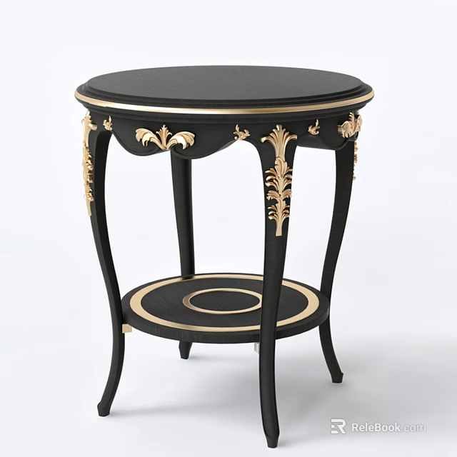 Black Round Table With Golden Carved Decorations And Lower Circular Shelf 3d model 