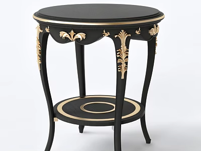 Black Round Table With Golden Carved Decorations And Lower Circular Shelf 3d model