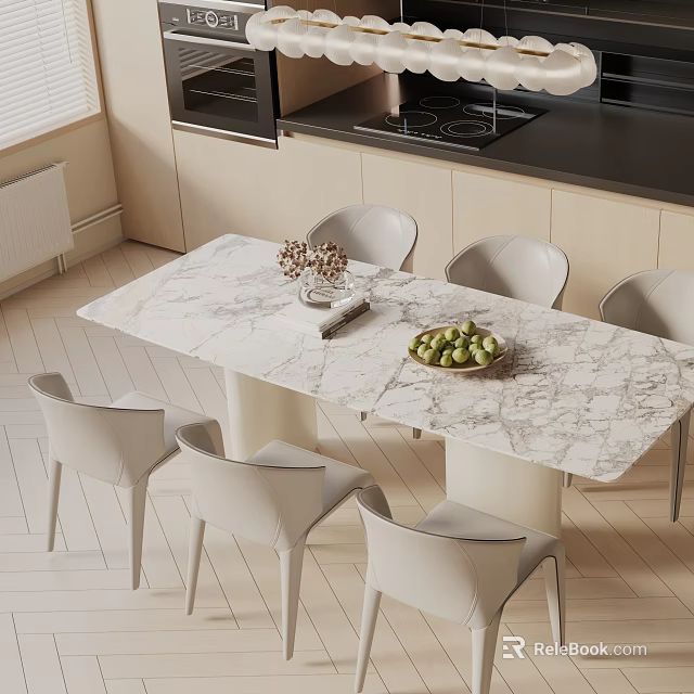 Modern Dining Table Set Featuring Marble Top White Chairs Fruit Bowl And Decorative Accents 3d model 