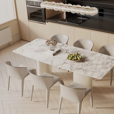 Modern Dining Table Set Featuring Marble Top White Chairs Fruit Bowl And Decorative Accents 3d model