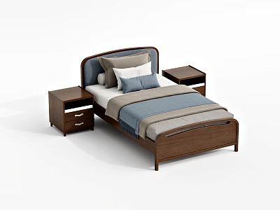 Modern Wooden Single Bed With Gray Headboard Blue Pillows And Nightstands 3d model