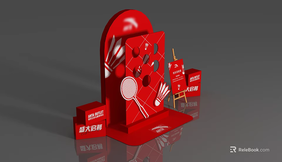 Red Interactive Zone Design Featuring Badminton Elements And Grand Opening Signage 3d model 