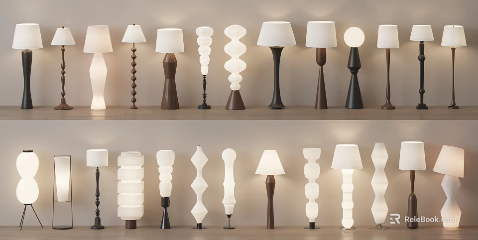 Various Modern Floor Lamp Designs With Spiral Shapes Wooden Bases And White Shades 3d model 
