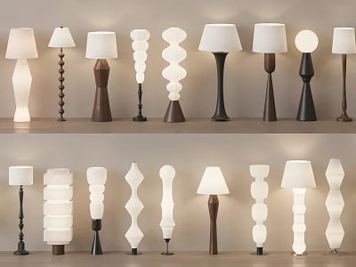 Various Modern Floor Lamp Designs With Spiral Shapes Wooden Bases And White Shades 3d model