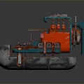 Red And Blue Mechanical Device With Silver Spherical Base Intricate Pipes And Panels