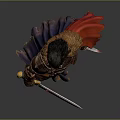 Medieval Warrior Man in Brown Leather Armor with Red Cape Holding Swords