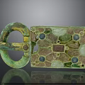 Ancient Bronze Buckle With Green Patina Inlaid Blue Red Gemstones And Geometric Patterns